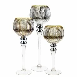 Set Of 3 Mercury Gold Etched Glass, H-12" H-14" H-16" (Wholesale 3 SETS/Case)