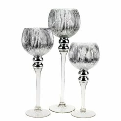 Set Of 3 Mercury Silver Etched Glass, H-12" H-14" H-16" (Wholesale 3 SETS/Case)