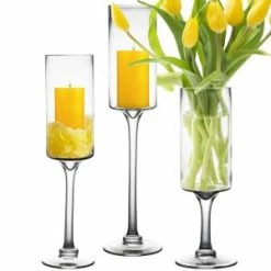 CYS Excel Set Of 3 Glass Pedestal Candle Holder. H-16", 20", 24", Opening-6" Pack Of 1