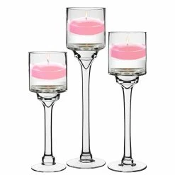 Long Stem Glass Candle Holder Set Of 3. H-12"/14"/16" X D-4" (Pack Of 6 Pcs) -Glass Vases Boutique de vente hurricanes glass candle holders gfc121 set valentines