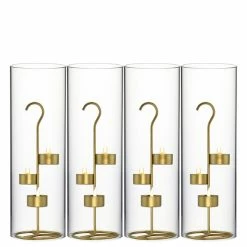Metal Gold Tea Light Stand H-11.75" D-4.25" With 14" Hurricanes Tubes (Wholesale 18 Sets/Case)