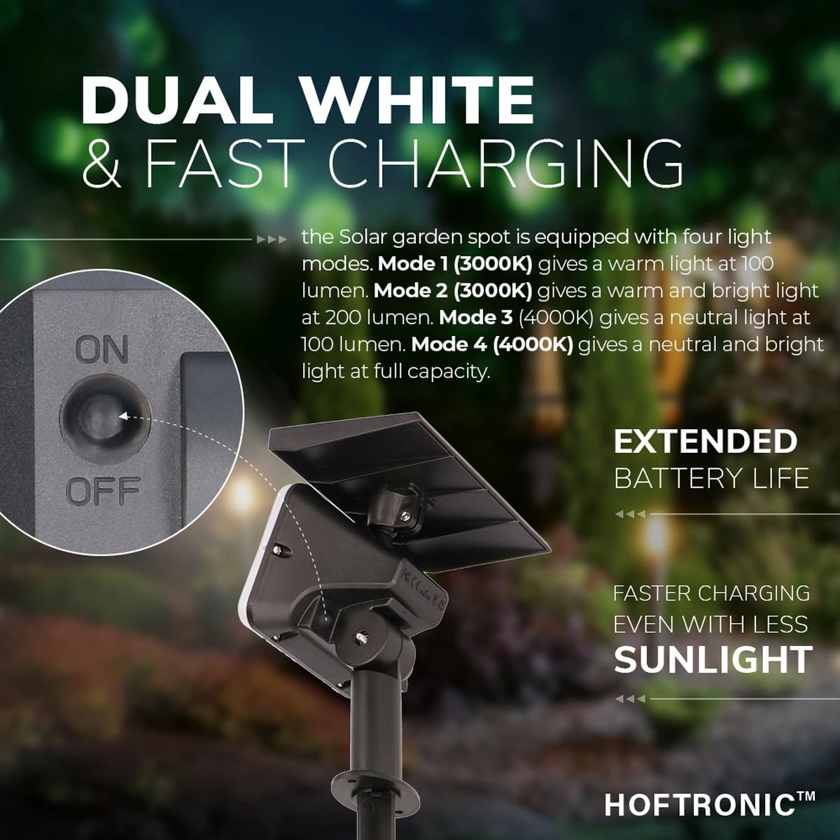 HOFTRONIC Eagle - Spot LED Solar Jardin - 3000K Et Dual Bicolore - 4 Modes D'éclairage - Etanche IP65 - Prick Spot Spot Au Sol - Lampe Solaire D'extérieur Avec Interrupteur Crépusculaire 10 HOFTRONIC Eagle - Spot LED Solar Jardin - 3000K Et Dual Bicolore - 4 Modes D'éclairage - Etanche IP65 - Prick Spot Spot Au Sol - Lampe Solaire D'extérieur Avec Interrupteur Crépusculaire – Image 10