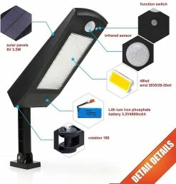Langray 48 Led 4500mah Lumière Solaire 900lm Ip65 étanche Lampe Extérieure Noire Avec Support Réglable, 120 Lumières De Capteur De Mouvement -Glass Vases Boutique de vente 175378491 max