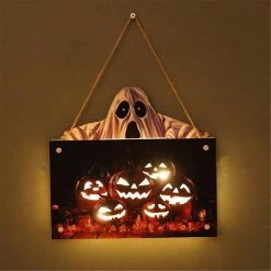 Sevenprin Halloween Citrouille Panneau Mural Plaque Lampe Porte D’Entrée Pendentif Signe Lumière Décoration De Fête