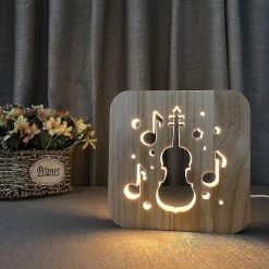 Unbranded Lampe De Nuit De Violoncelle Pour Enfants Lampe En Bois 3d Créative Lumières En Bois Simples Lumières Décoratives 3d Sculpture En Bois Motif Led Veilleuse Pour Bureau