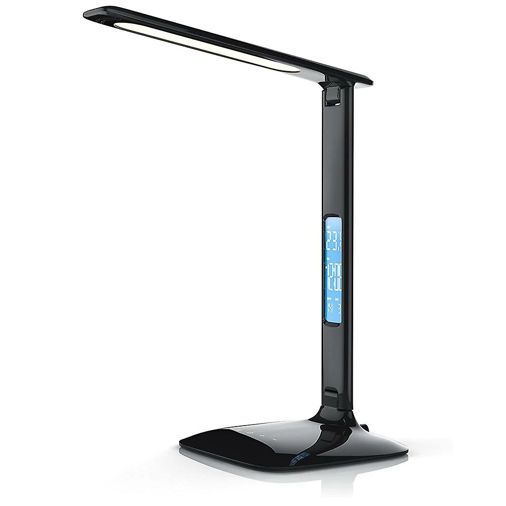 Jscxcf Lampe De Bureau LED Noire Avec Chargeur Sans Fil, Port De Charge USB, Lampe De Table Pliable Réglable Avec Horloge, Alarme, Date, Température, Dim à 5 Niveaux 1 Jscxcf Lampe De Bureau LED Noire Avec Chargeur Sans Fil, Port De Charge USB, Lampe De Table Pliable Réglable Avec Horloge, Alarme, Date, Température, Dim à 5 Niveaux