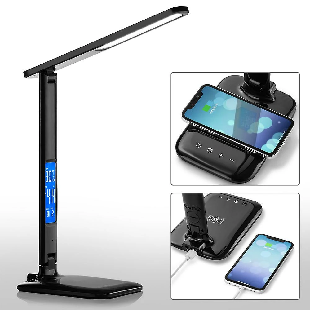 Jscxcf Lampe De Bureau LED Noire Avec Chargeur Sans Fil, Port De Charge USB, Lampe De Table Pliable Réglable Avec Horloge, Alarme, Date, Température, Dim à 5 Niveaux 5 Jscxcf Lampe De Bureau LED Noire Avec Chargeur Sans Fil, Port De Charge USB, Lampe De Table Pliable Réglable Avec Horloge, Alarme, Date, Température, Dim à 5 Niveaux – Image 5