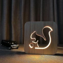 Unbranded Veilleuse Pour Enfants Écureuil En Bois 3D Lampe Créative Lumières En Bois Simple