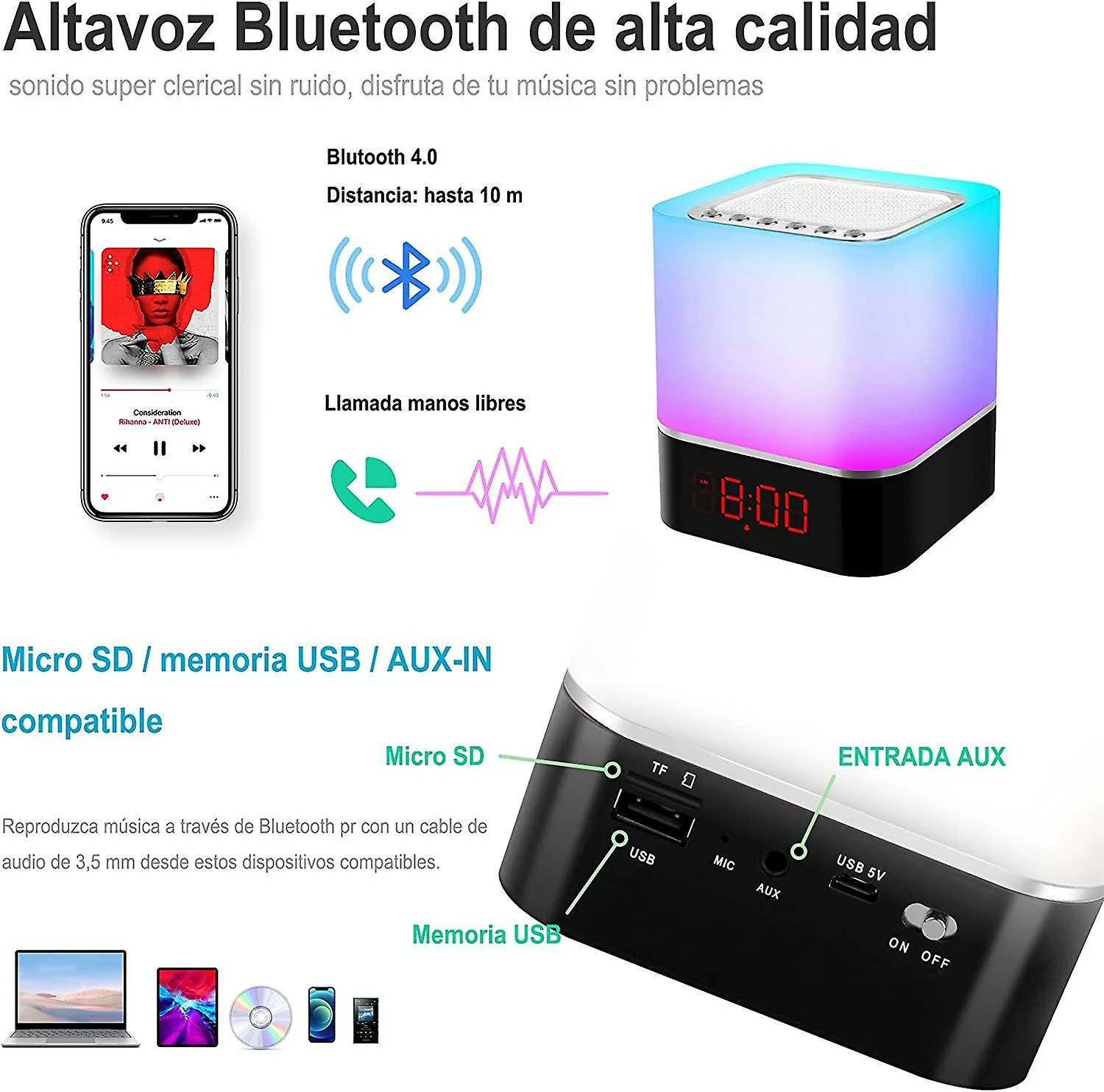 Unbranded 5 En 1 Lumière Réveil Portable Bluetooth Haut-Parleur, Bébé Blanc Bruit Lampe De Chevet, Multicolor Night Light Touch Control Digital Alarm Clock Hommes / Femmes 3 Unbranded 5 En 1 Lumière Réveil Portable Bluetooth Haut-Parleur, Bébé Blanc Bruit Lampe De Chevet, Multicolor Night Light Touch Control Digital Alarm Clock Hommes / Femmes – Image 3