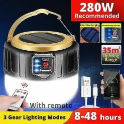 Unbranded Lampe De Camping Rechargeable, Lampe Led Rechargeable Solaire, Lampe Sans Fil Rechargeable, Pour Bivouac, Grotte, Noir De Pêche 280w Qyroadwolf
