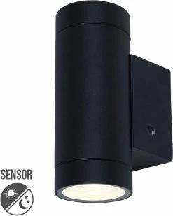 Lybardo Lampe D'extérieur Avec Capteur Jour Et Nuit - Applique D'extérieur - Sami - Zwart - IP65 - Convient Pour 2 Spots GU10 - Ø 65 Mm